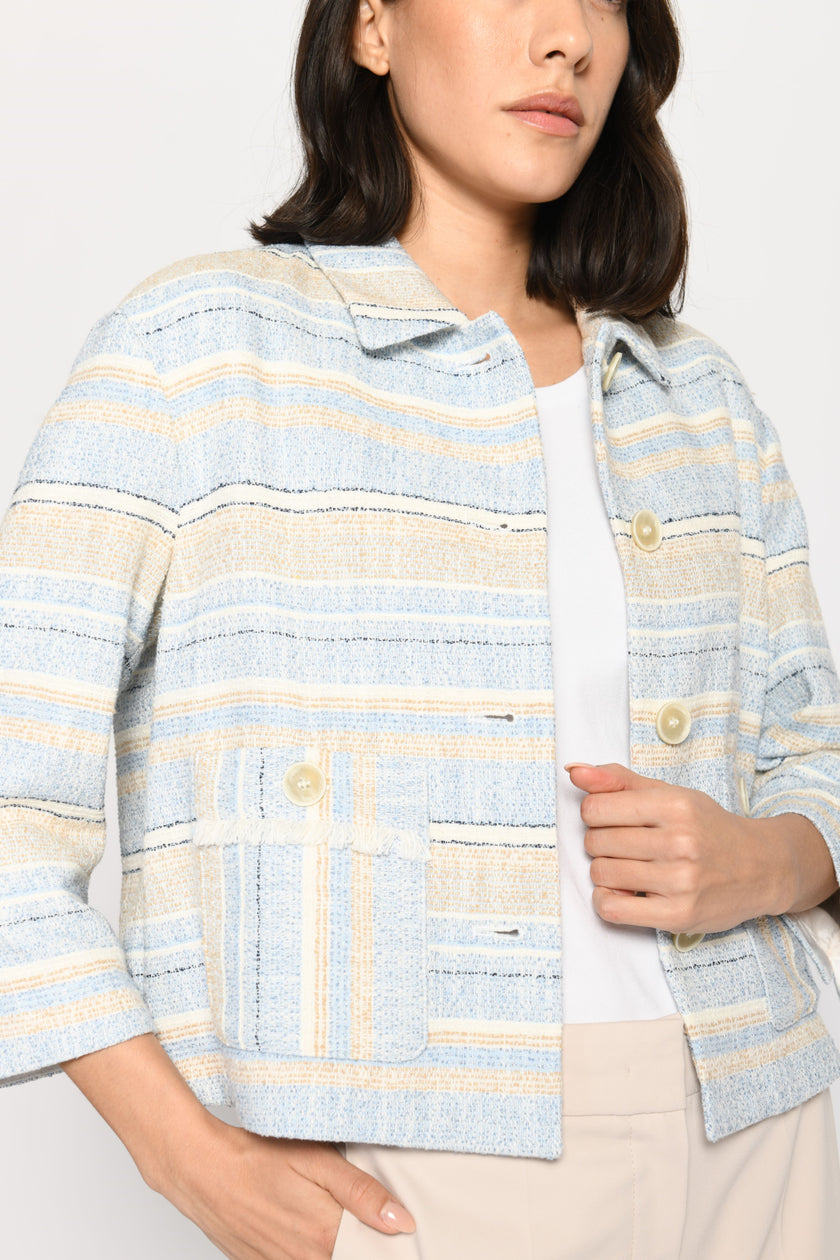Kastenjacke für Damen im sommerlich-maritimen Look in den Farben Beige und Hellblau – Vorderansicht, Nahaufnahme