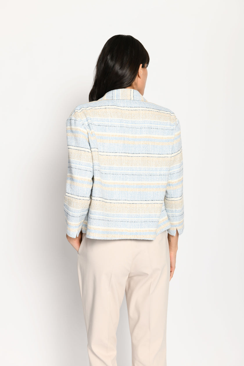 Kastenjacke für Damen im sommerlich-maritimen Look in den Farben Beige und Hellblau – Rückansicht
