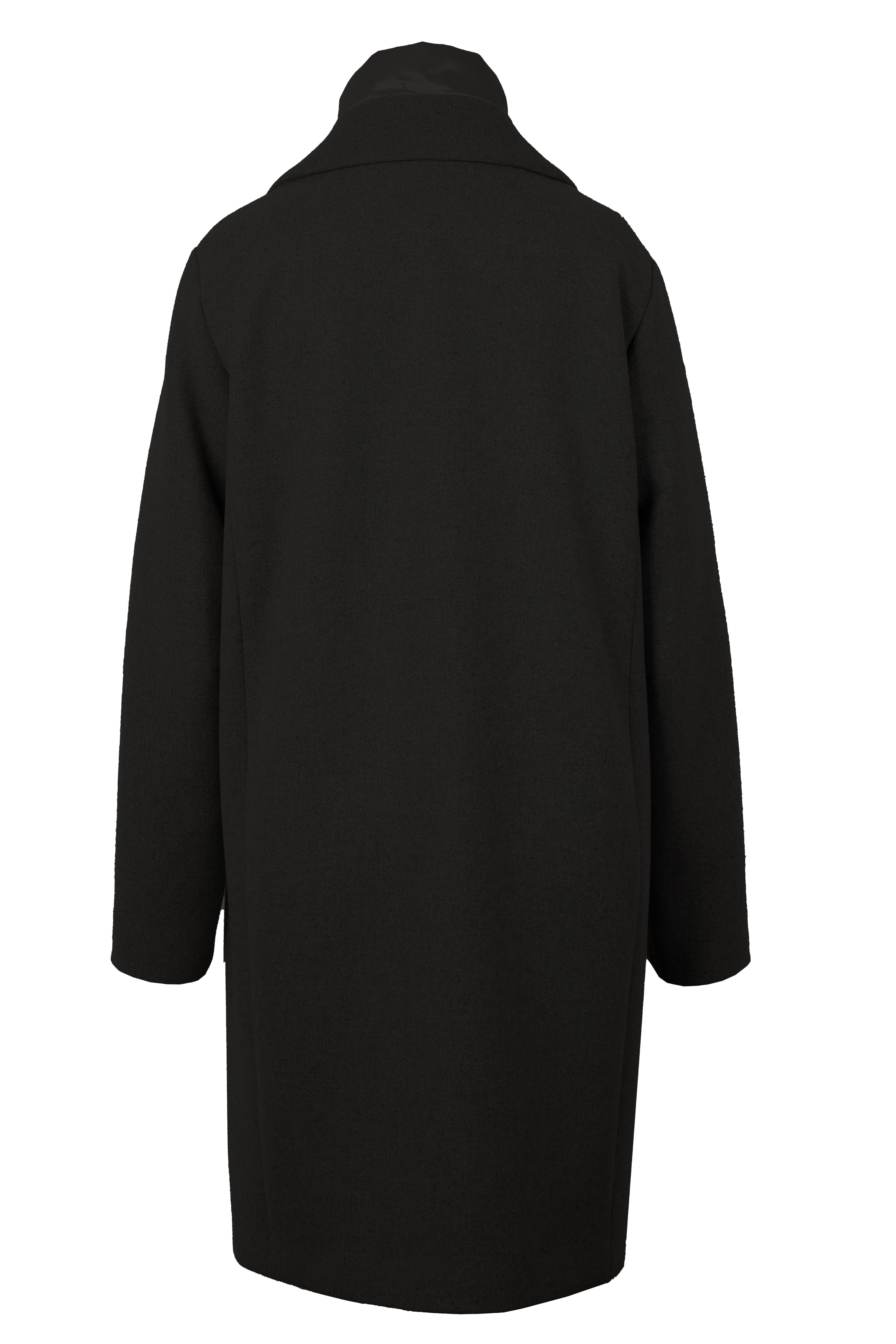 Mannequin-Aufnahme des schwarzen Mantels für Damen mit Westeneffekt – Rückansicht