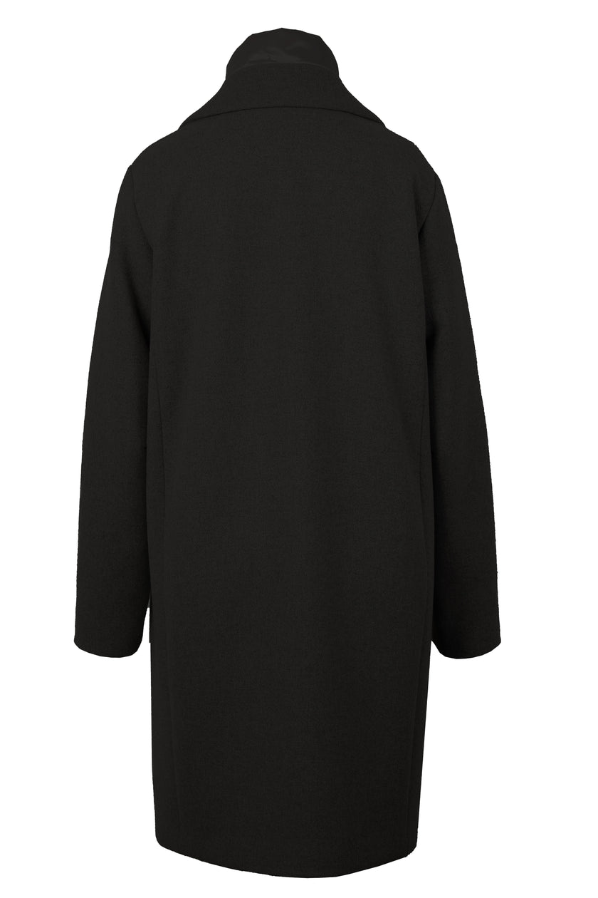 Mannequin-Aufnahme des schwarzen Mantels für Damen mit Westeneffekt – Rückansicht