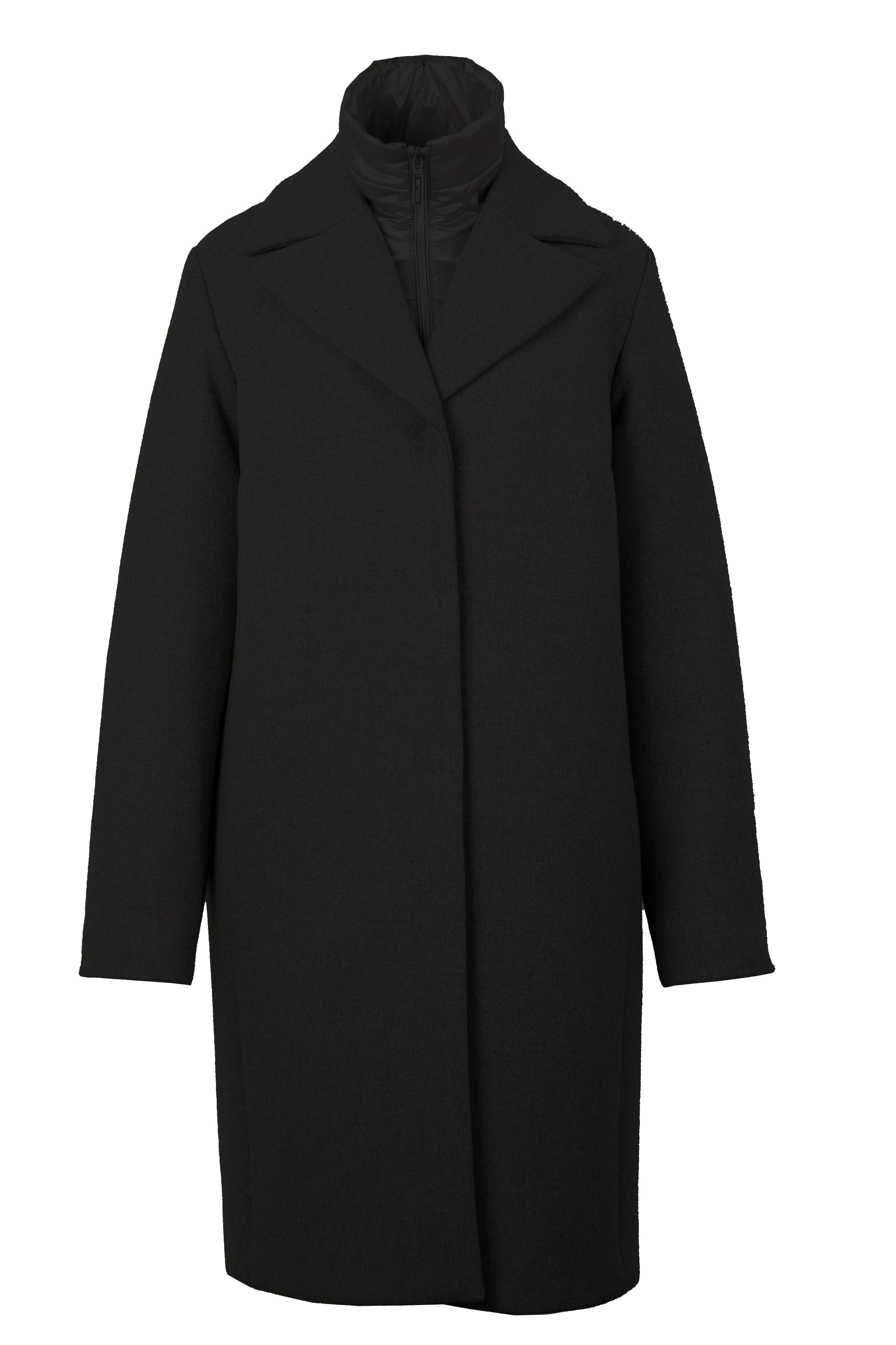 Mannequin-Aufnahme des schwarzen Mantels für Damen mit Westeneffekt und Reverskragen – Vorderansicht