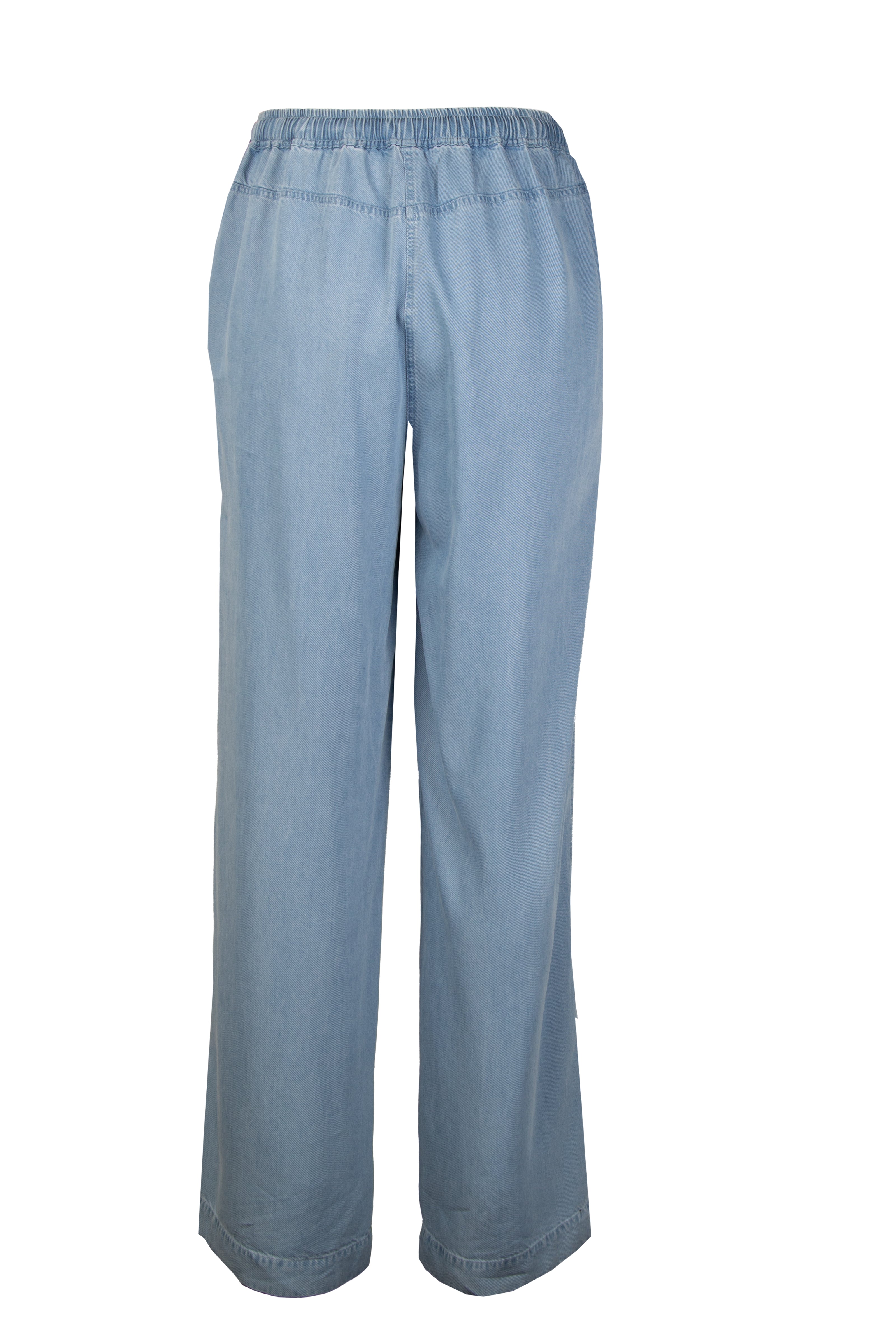 Mannequin-Aufnahme der Lyocell-Hose in Jeansblau mit weit geschnittenen Beinen und gerafftem Bund mit Tunnelzug – Rückansicht