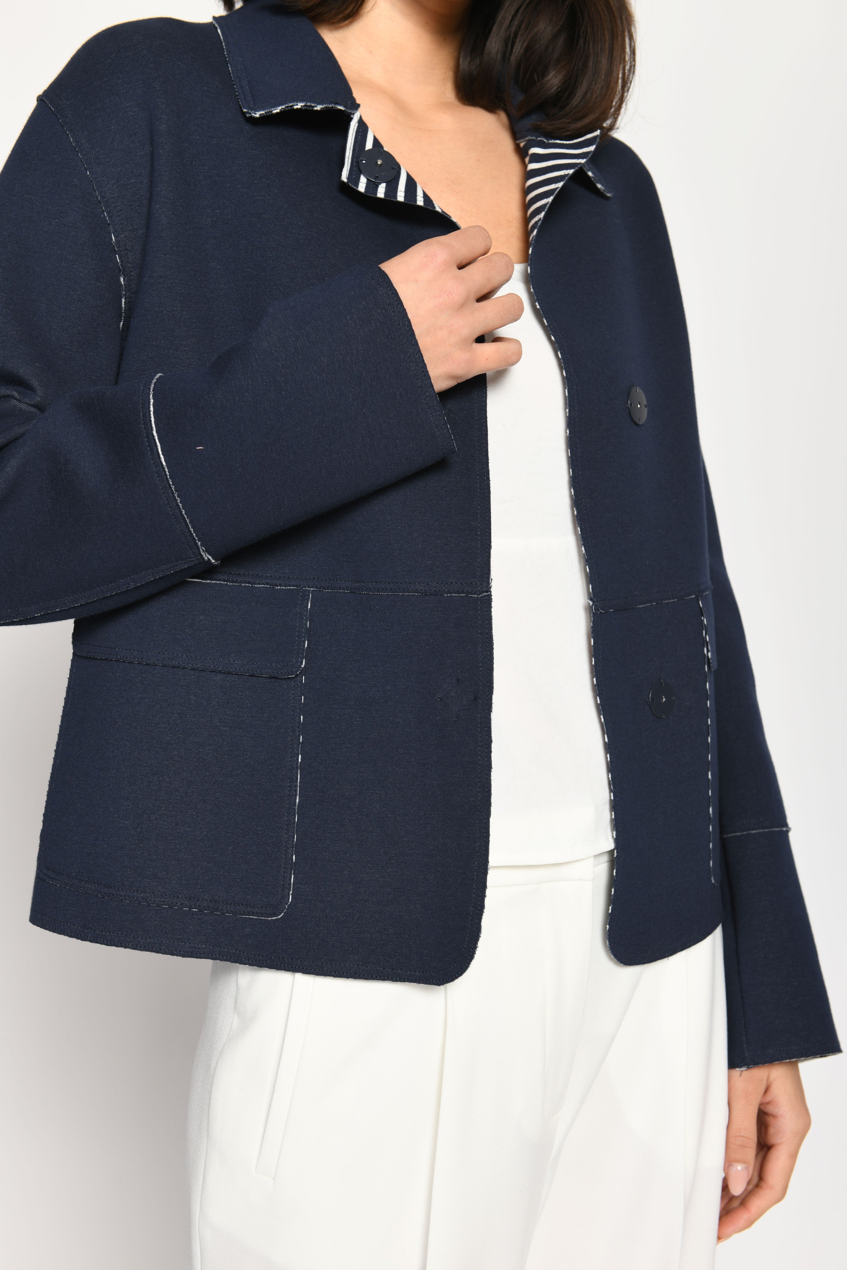 Detailaufnahme der Kastenjacke aus Scuba mit kontrastiger Innenseite und ersichtlichen Knöpfen