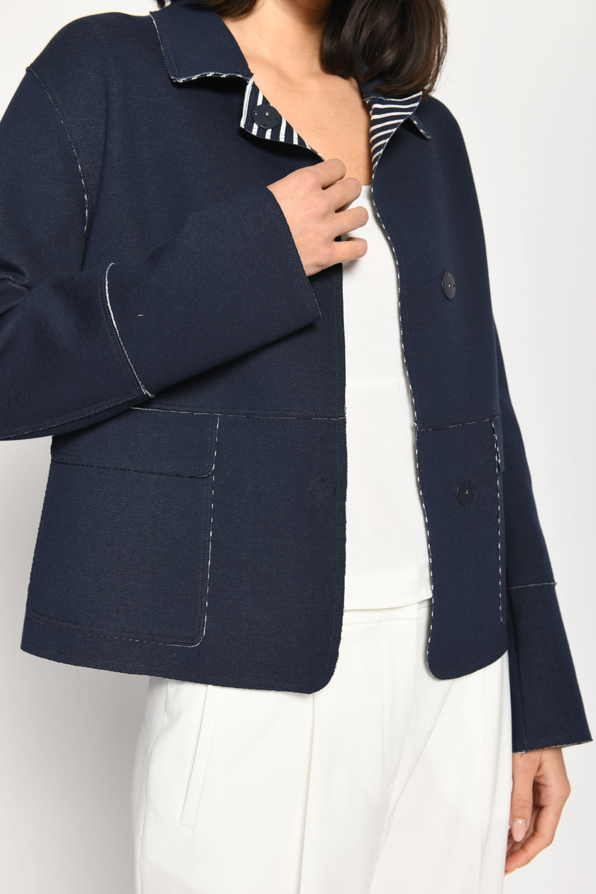 Detailaufnahme der Kastenjacke aus Scuba mit kontrastiger Innenseite und ersichtlichen Knöpfen