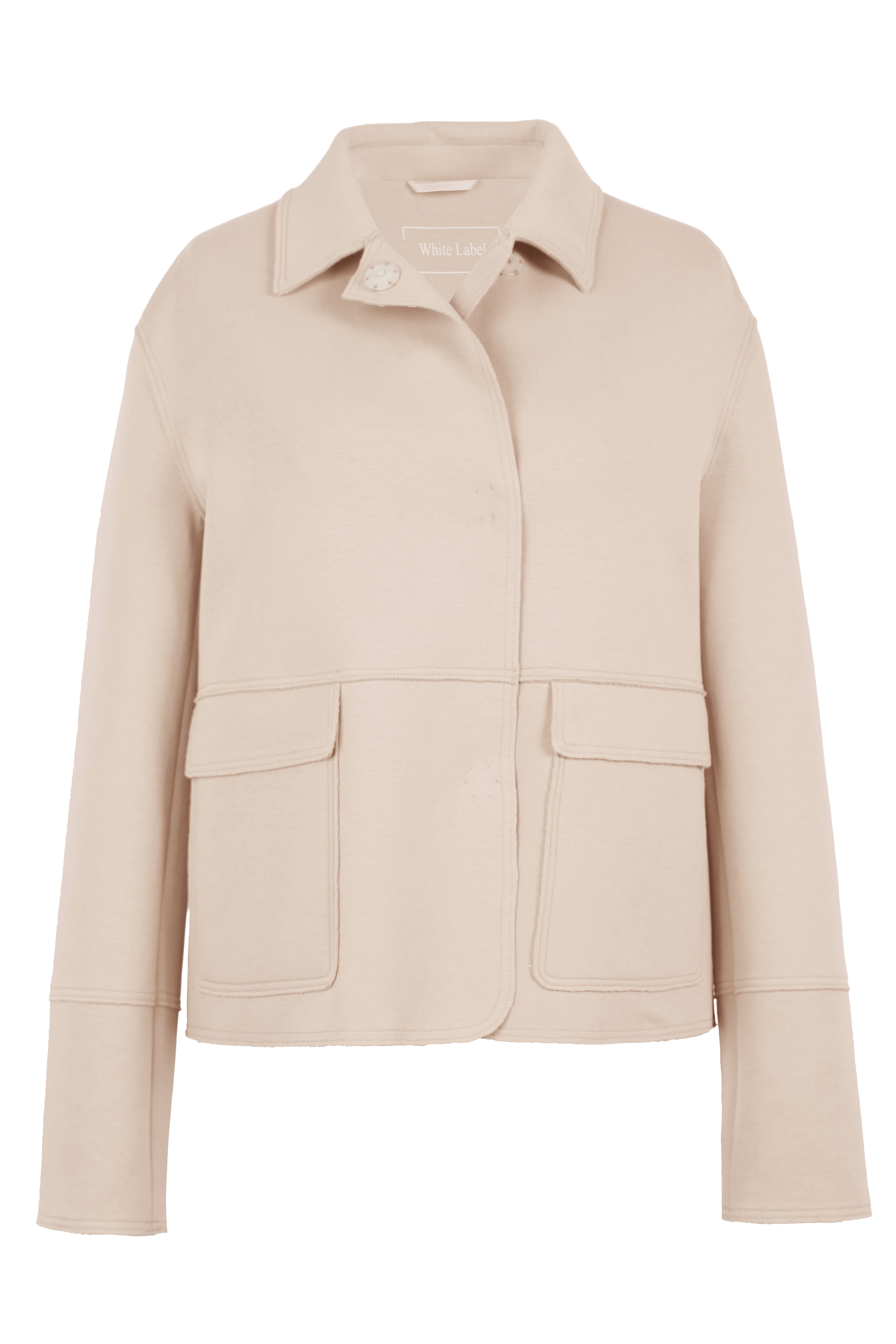 Kastenjacke aus Scuba mit kontrastiger Innenseite in der Farbe Beige – Vorderansicht