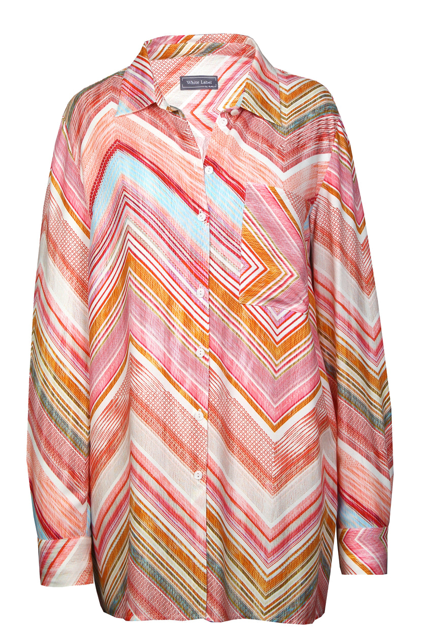 Mannequin-Aufnahme der locker geschnittenen, langärmeligen Druckbluse in den Farben Pink, Orange, Hellblau – Vorderansicht 