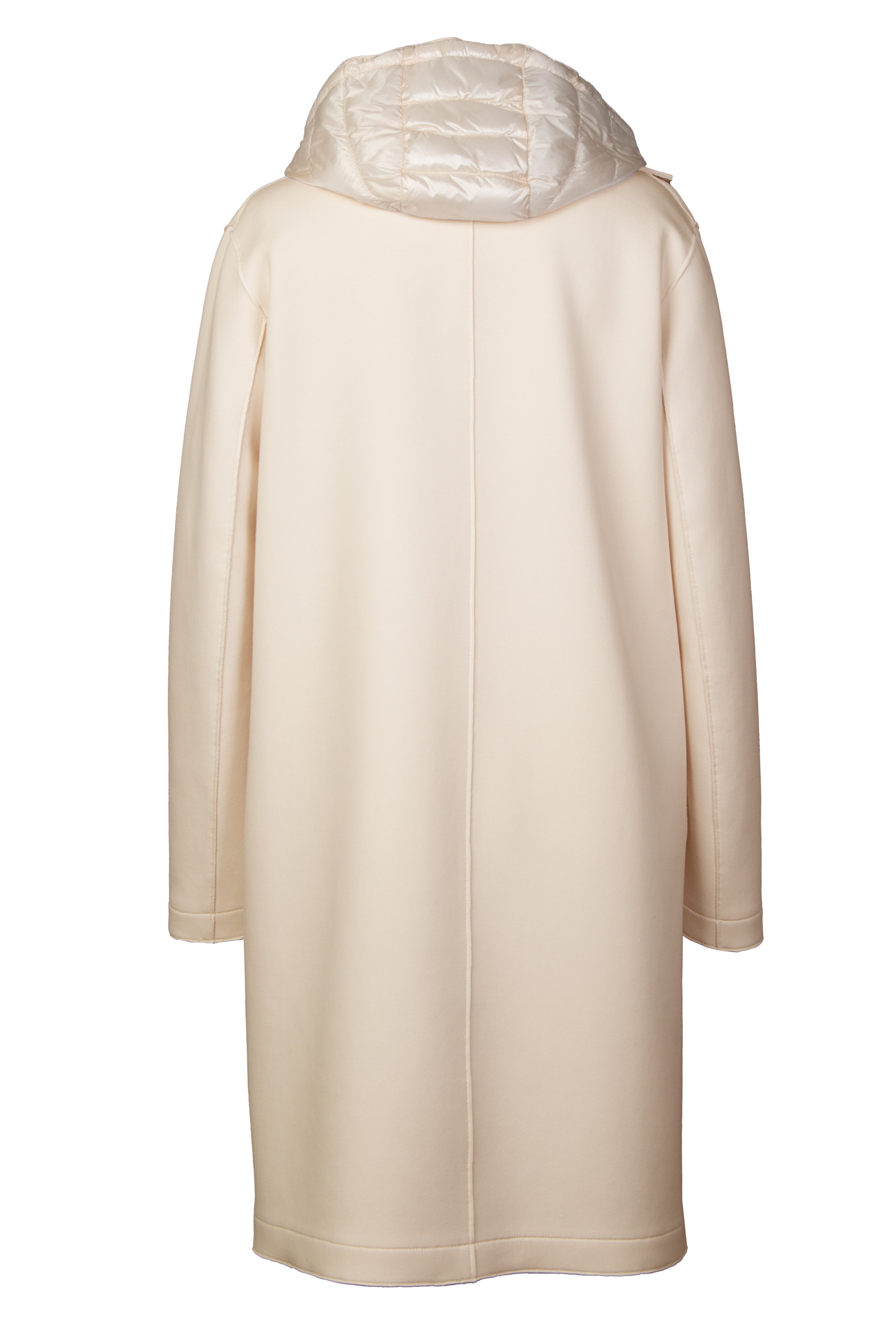 Mannequin-Aufnahme des beigen Kurzmantels mit herausnehmbarem Westeneinsatz für Damen – Rückansicht