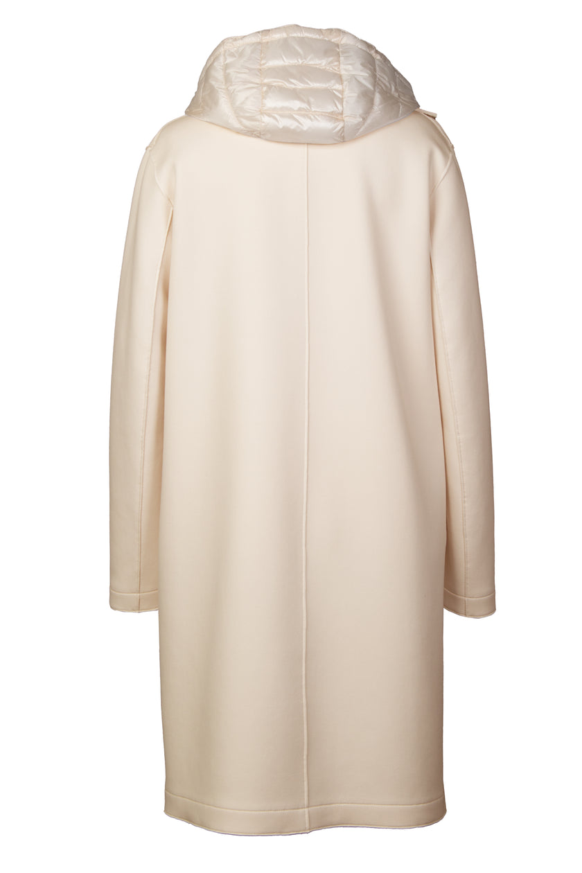 Mannequin-Aufnahme des beigen Kurzmantels mit herausnehmbarem Westeneinsatz für Damen – Rückansicht