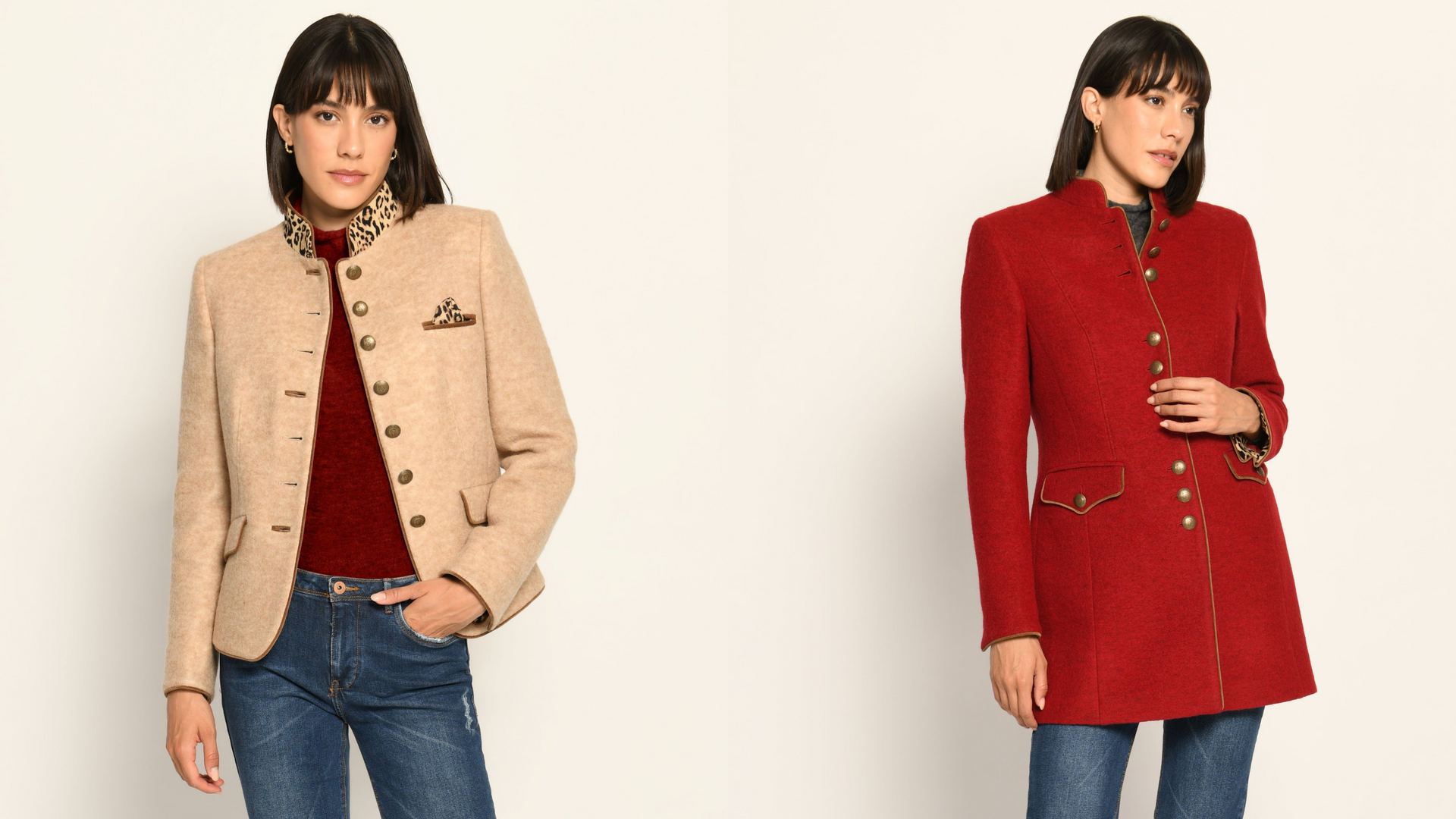 Janker in Beige und Gehrock in Rot mit Leo-Details