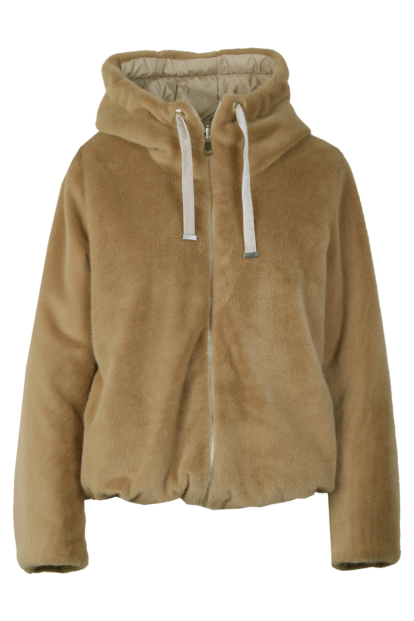 Wendejacke für Damen in der Farbe Braun mit Webpelz als Außenseite und glatter Innenseite – Vorderansicht