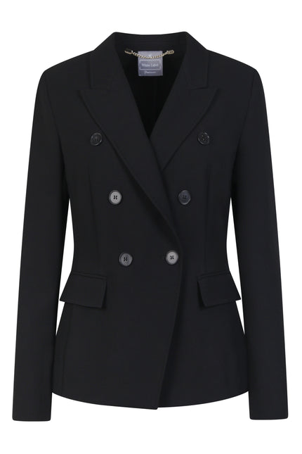Schwarzer doppelreihiger Blazer für Damen mit schwarzen Knöpfen und Reverskragen. -  Vorderansicht