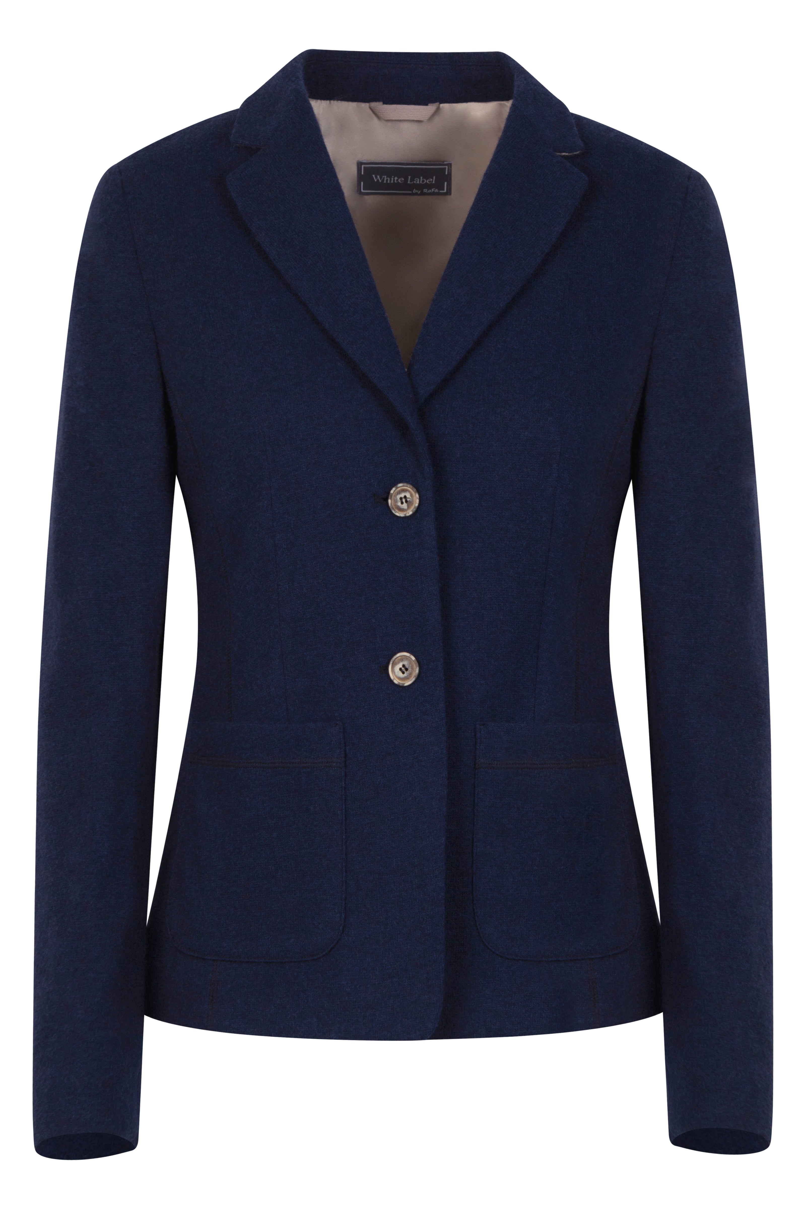 Klassisch designter Blazer für Damen in der Farbe Dunkelblau aus gestricktem Wollstoff mit Knopfleiste – Vorderansicht