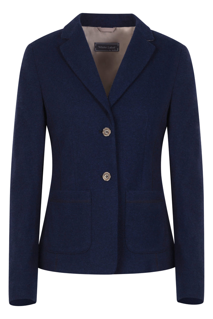 Klassisch designter Blazer für Damen in der Farbe Dunkelblau aus gestricktem Wollstoff mit Knopfleiste – Vorderansicht