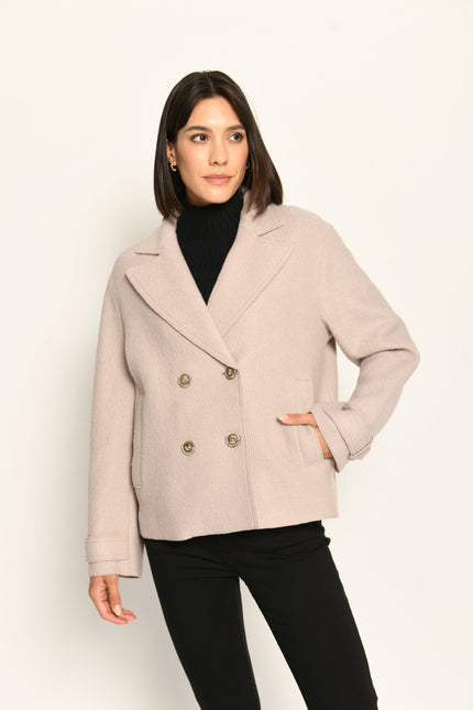 Beige Damenjacke im Caban-Stil mit Reverskragen und zweireihigem Knopfverschluss – Front