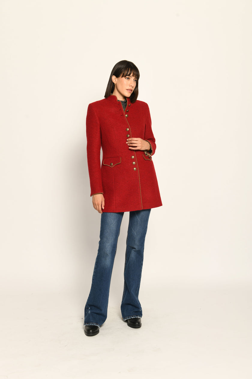 Roter taillierter Gehrock für Damen aus Wolle mit Stehkragen und Ärmelsaumbeleg im Leo-Dessin – Vorderansicht