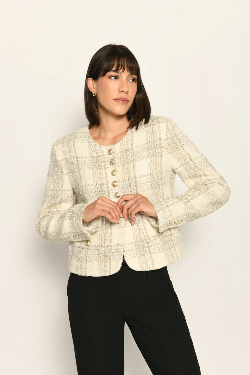 Karierte Kastenjacke aus Bouclé für Damen in zarten Farben und feinem Glanzgarn von White Label Premium – Vorderansicht