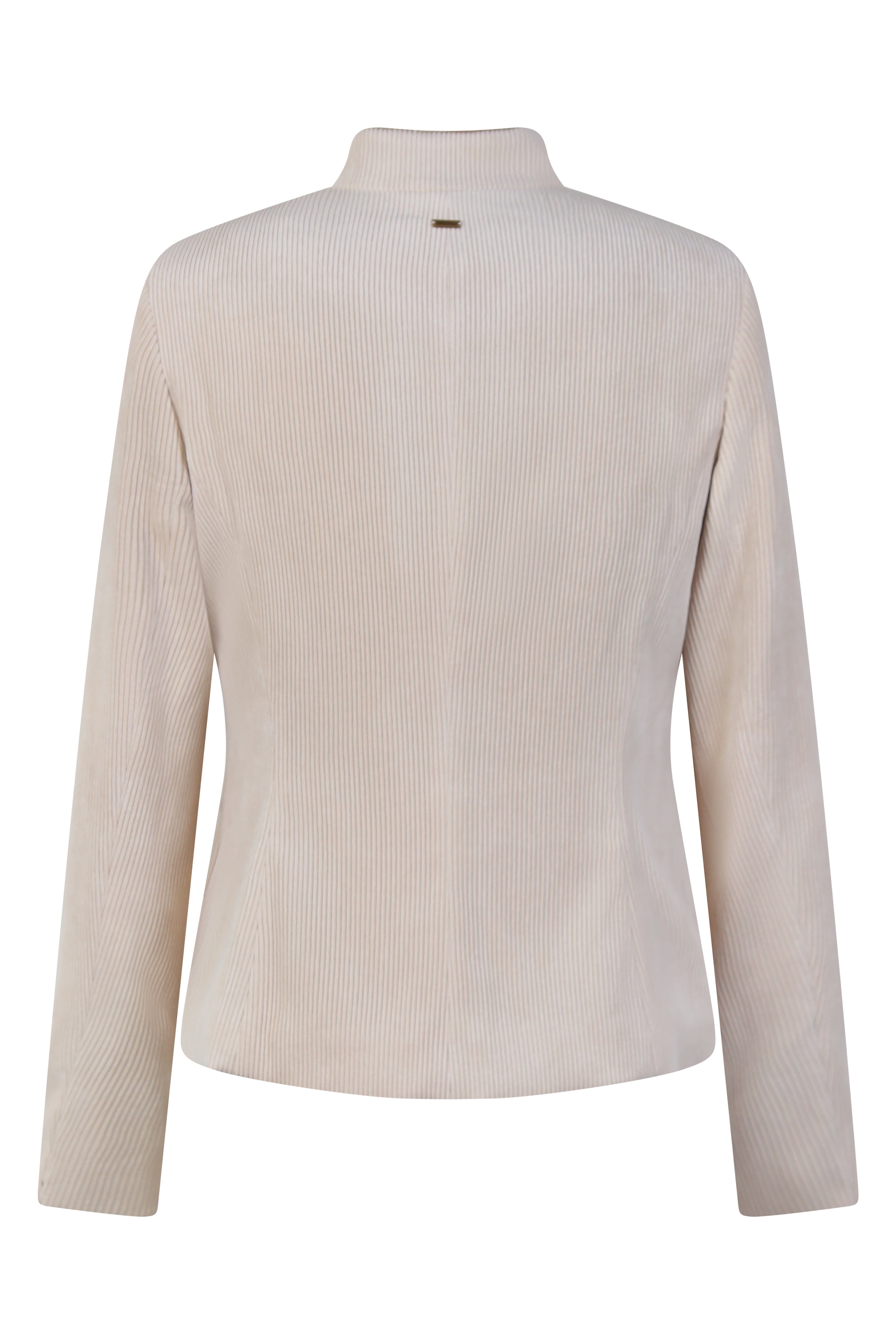 Mannequin-Aufnahme des cremefarbenen Cord-Blazers für Damen mit coolen Leo-Details – Rückansicht