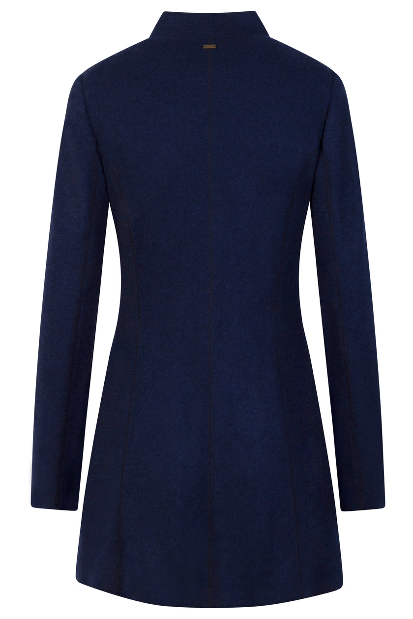 Dunkelblauer Gehrock für Damen mit Knopfleiste, aufgesetzten Taschen und Stehkragen – Rückansicht