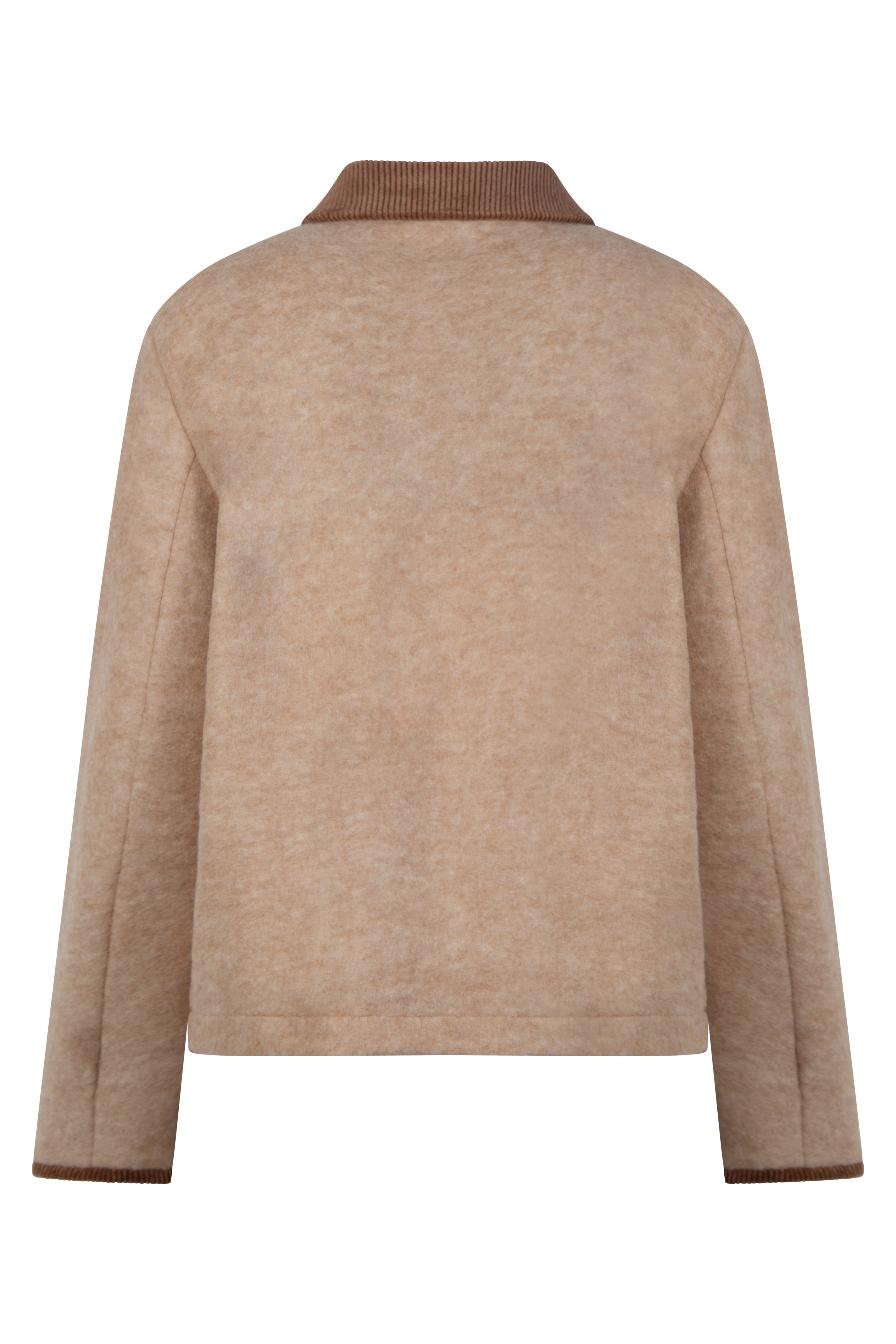Moderne hellbraune Kastenjacke für Damen mit edlen, farblich abgesetzten braunen Cord-Details – Rückansicht