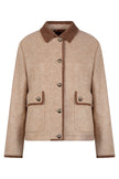 Moderne hellbraune Kastenjacke für Damen mit edlen, farblich abgesetzten braunen Cord-Details – Vorderansicht