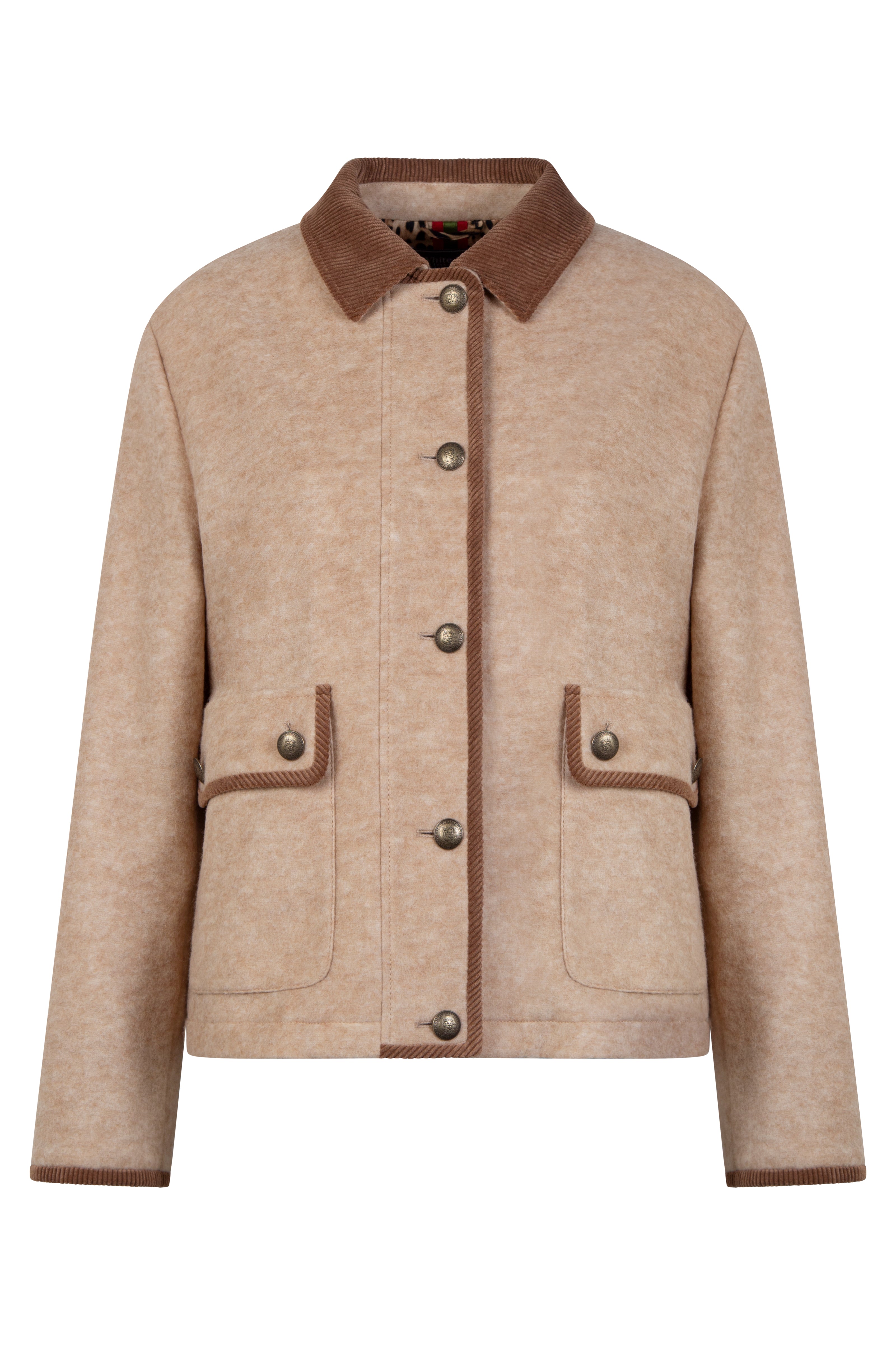 Moderne hellbraune Kastenjacke für Damen mit edlen, farblich abgesetzten braunen Cord-Details – Vorderansicht