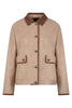 Moderne hellbraune Kastenjacke für Damen mit edlen, farblich abgesetzten braunen Cord-Details – Vorderansicht