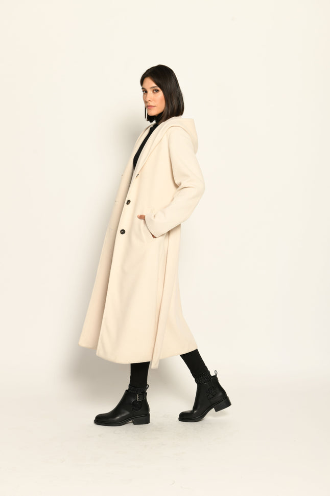 Langer cremefarbener Mantel für Damen mit Kapuze und Bindegürtel in der Taille - Seitenansicht links