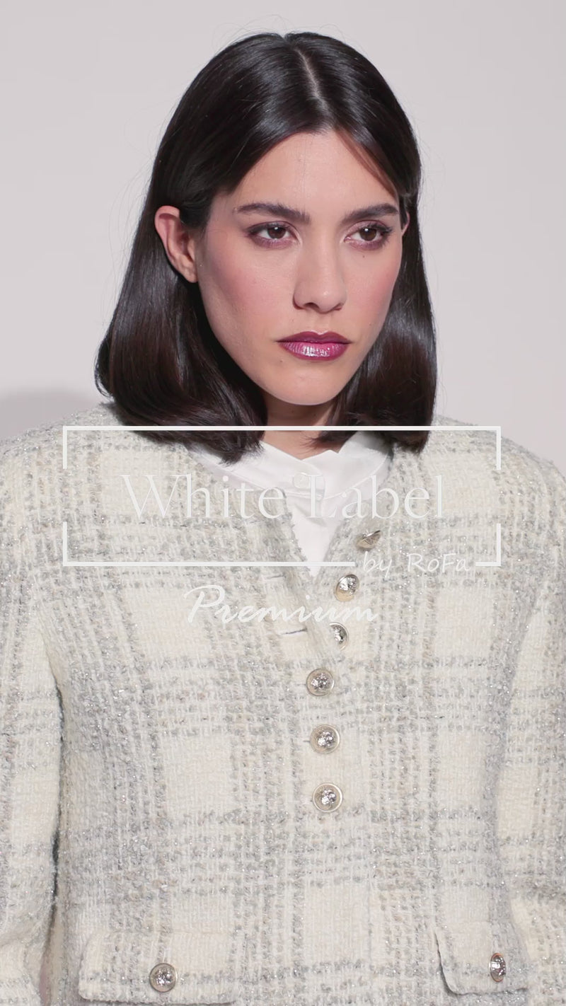 Karierte Kastenjacke aus Bouclé für Damen in zarten Farben und feinem Glanzgarn von White Label Premium. - Video