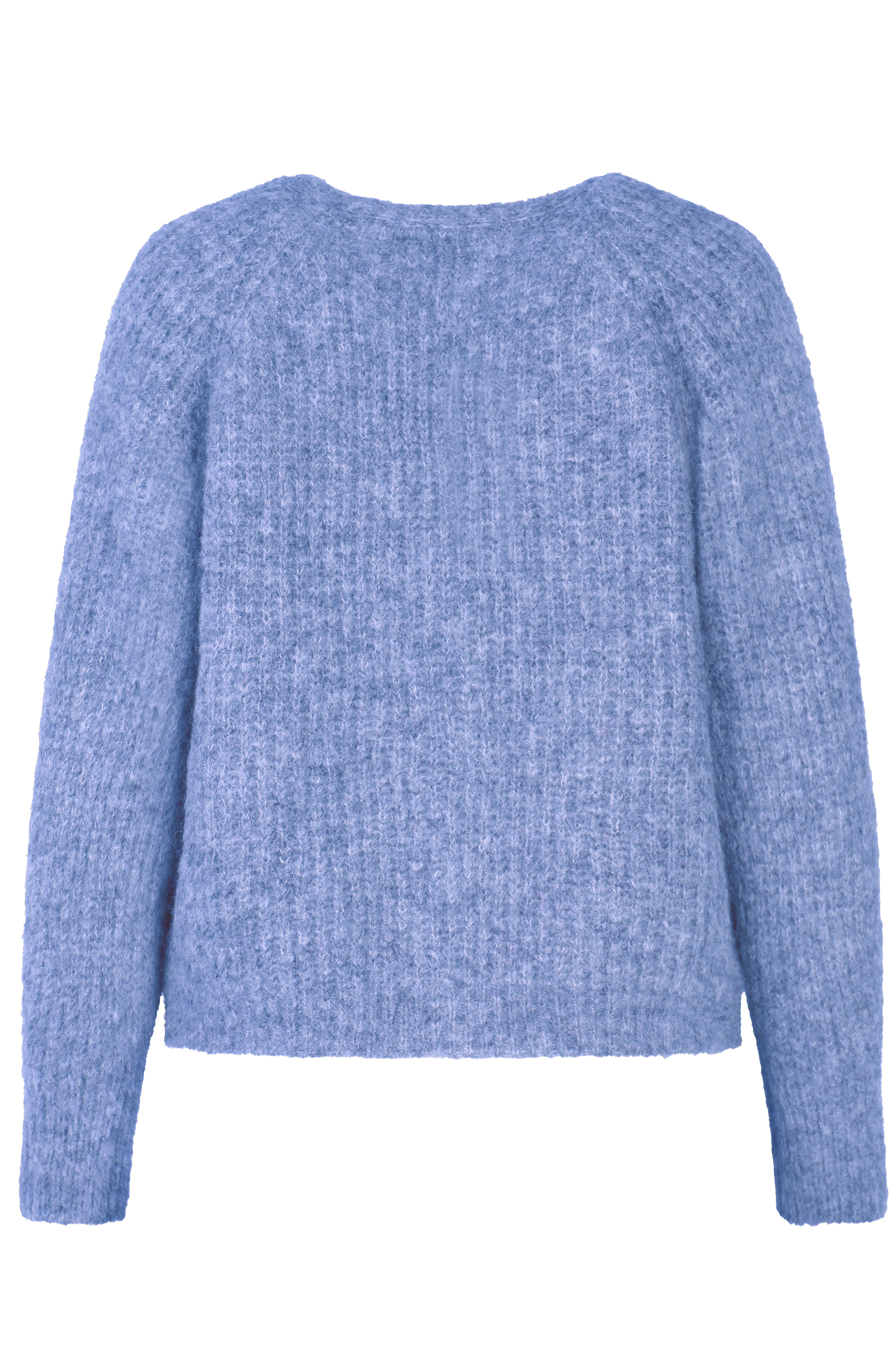 Flauschige kurze Mohair-Strickjacke in der Farbe Blau mit V-Ausschnitt und langen Ärmeln – Rückansicht