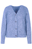 Flauschige kurze Mohair-Strickjacke in der Farbe Blau mit V-Ausschnitt und langen Ärmeln – Vorderansicht