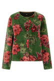 Langärmelige Webpelzjacke für Damen in der Farbe Grün mit flamingo-rosa-farbigem Blütendruck – Vorderansicht