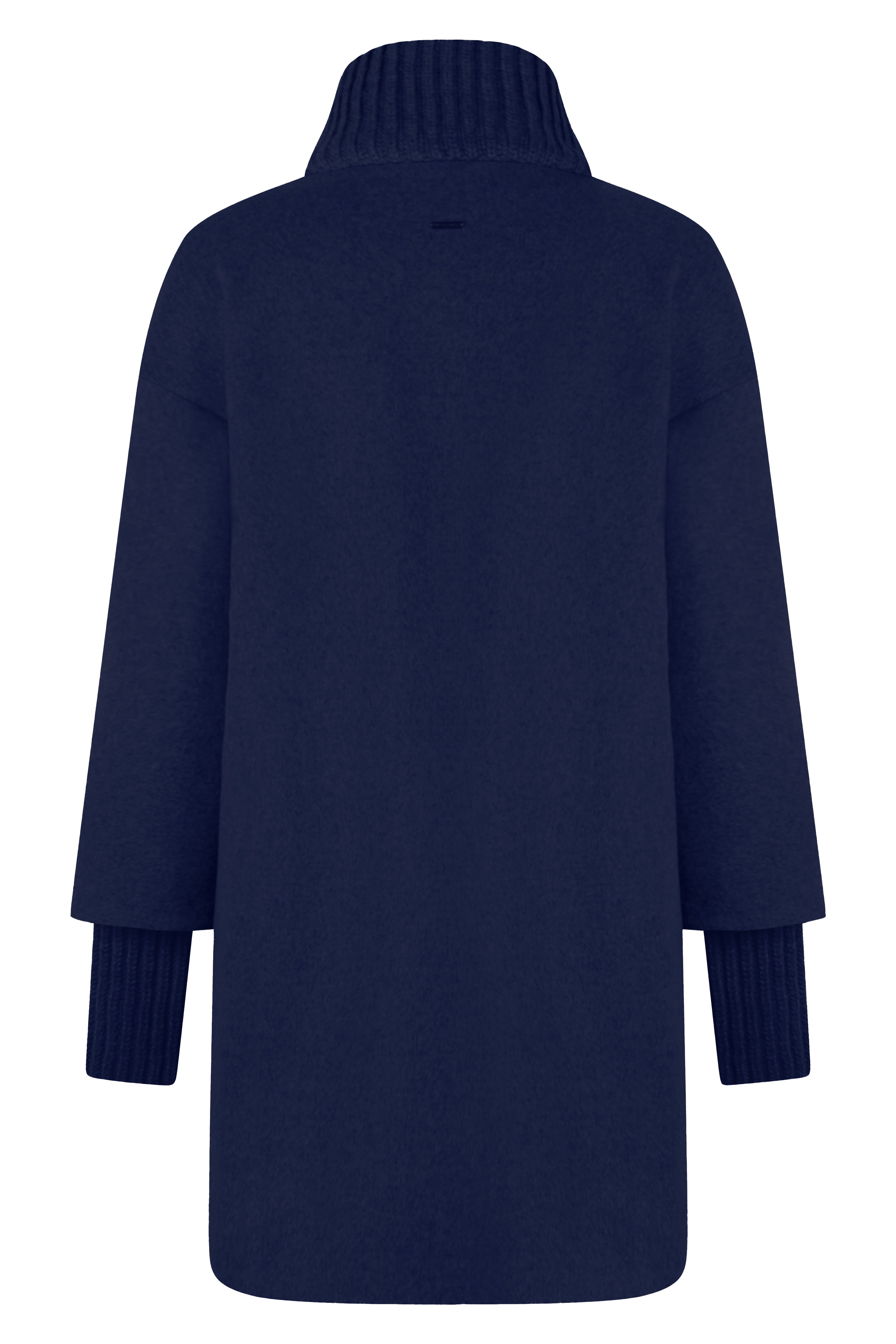 Navy farbener gefütterter Wollmantel für Damen mit hohen Ärmelmanschetten und Stehkragen – Rückenseite