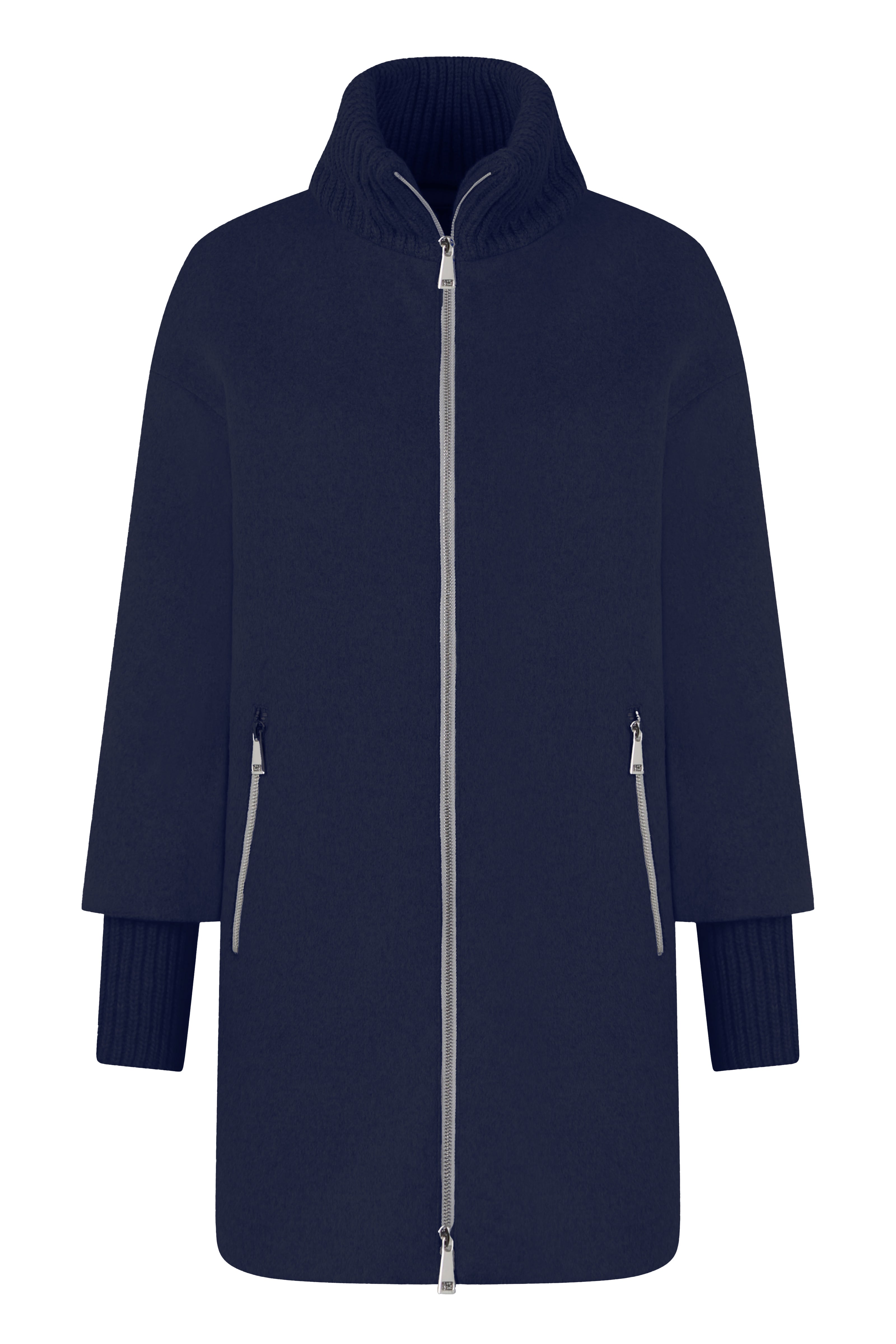 Navy farbener gefütterter Wollmantel für Damen mit hohen Ärmelmanschetten und Stehkragen – Vorderseite
