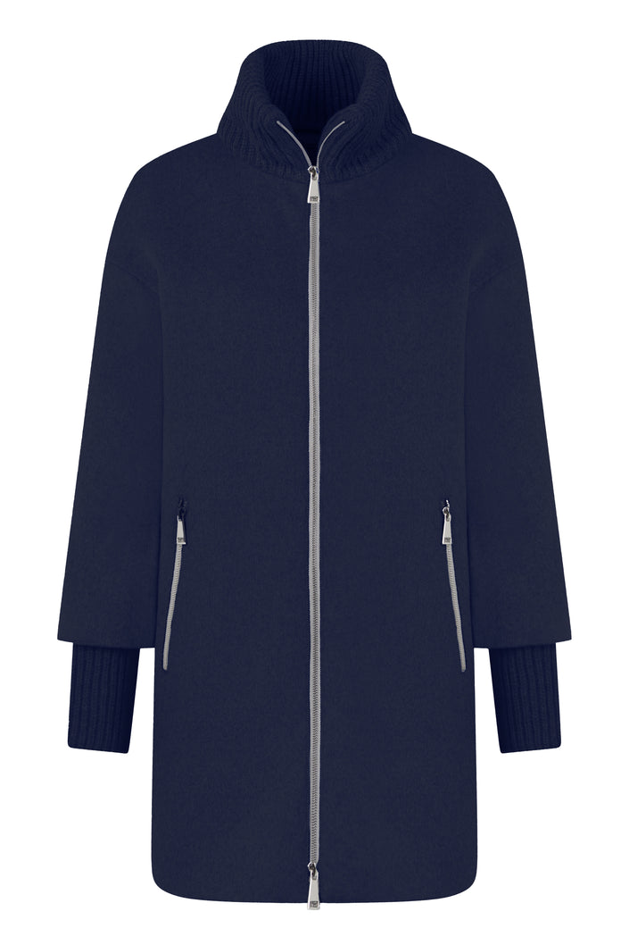 Navy farbener gefütterter Wollmantel für Damen mit hohen Ärmelmanschetten und Stehkragen – Vorderseite